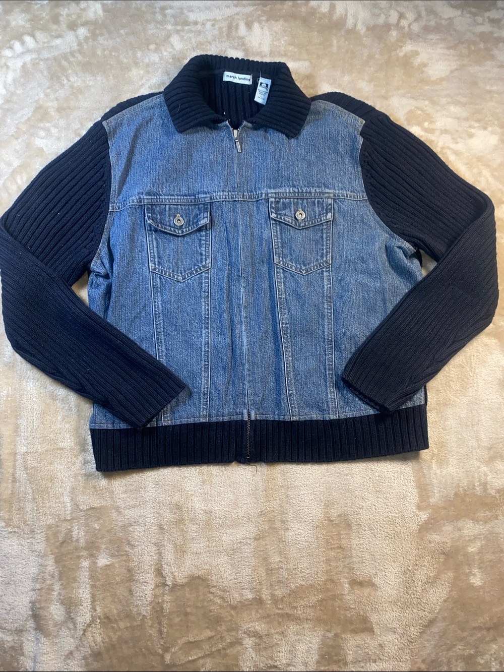 Marsh Landing Blue Denim Jacket with Black Knit Sleeves